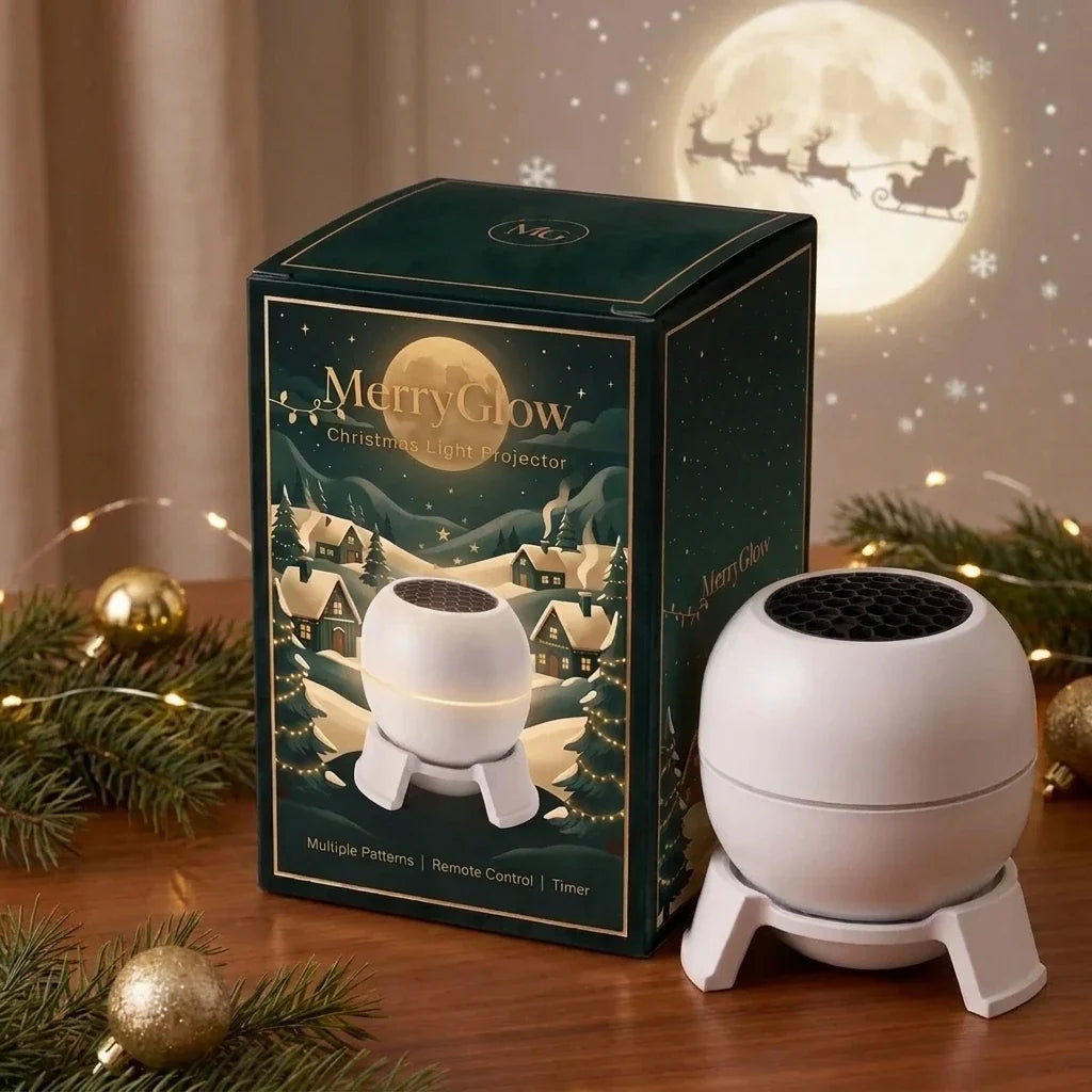 MerryGlow Christmas Sky Projector - Gift box with a glowing moon