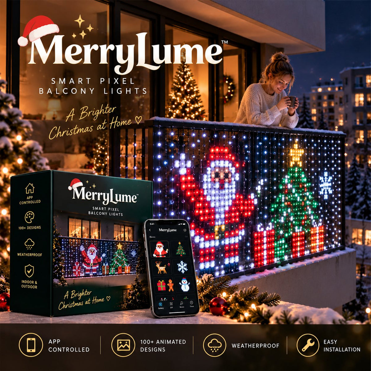 MerryLume Smart Pixel Balcony Lights - Smart pixel balcony lights showing Santa and a Christmas tree